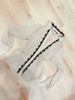 Ivory Blouse with Black Lace Trim